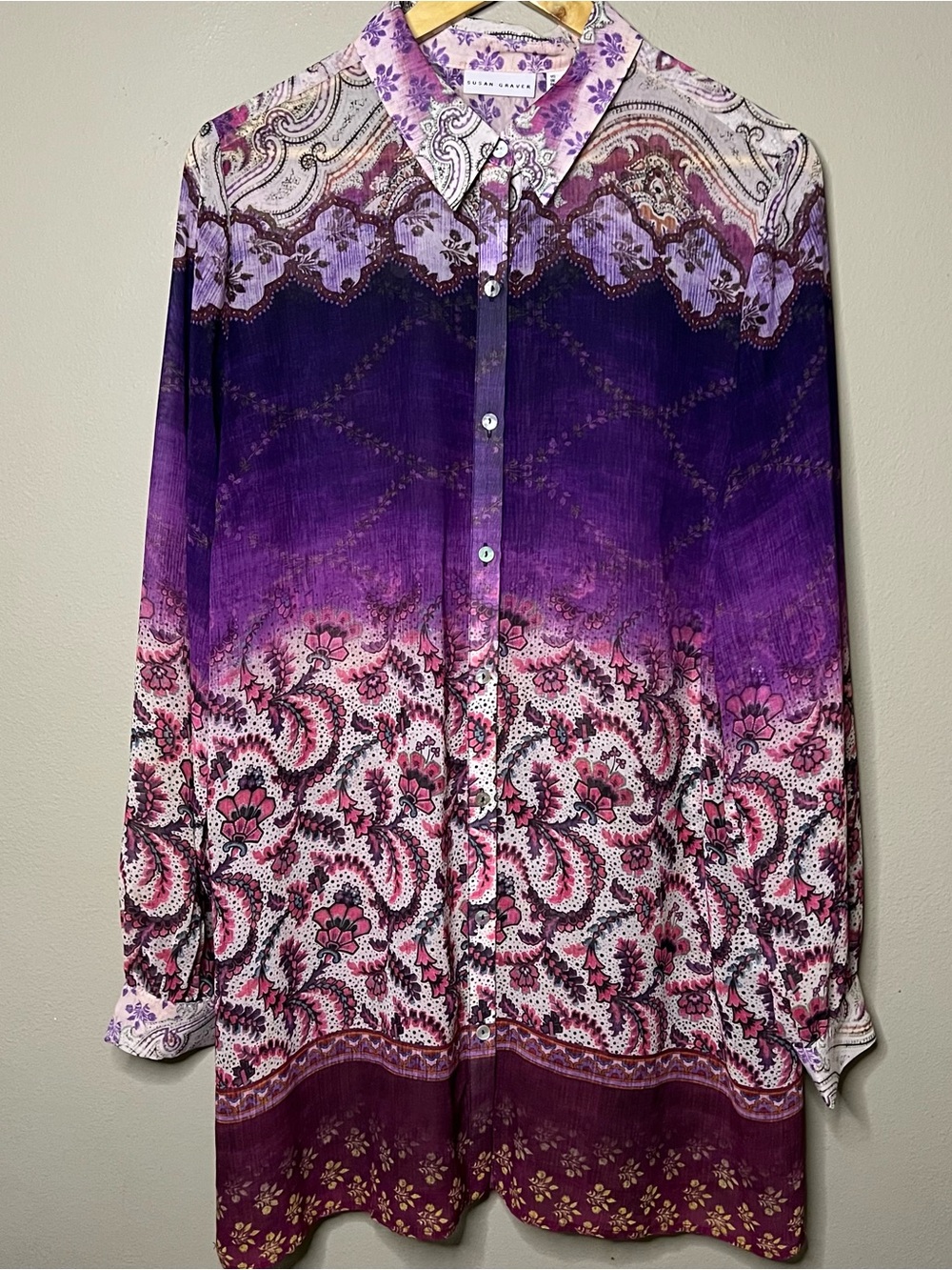 Susan Graver Floral Paisley Ombre Tunic Women Large Purple Pink Semi Sheer Slits